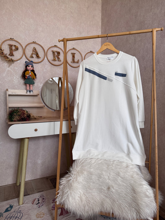 Düz tunik kısa şerit detaylı, beyaz