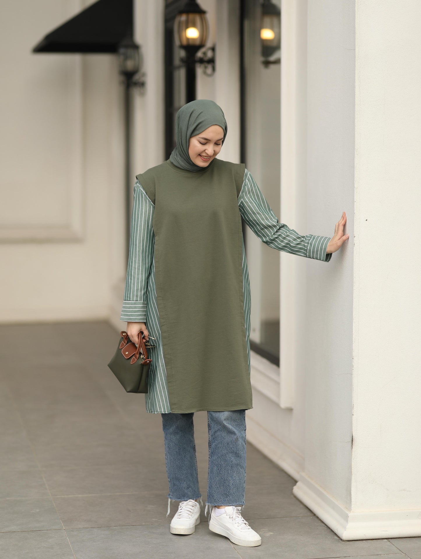 Gömlek detaylı uzun Sweat tunik, haki