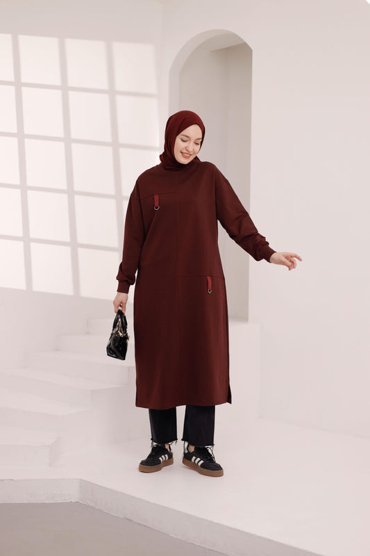 D tokalı 120 cm sweat tunik, vişne