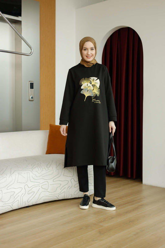 Yaprak baskılı 110 cm sweat tunik, siyah