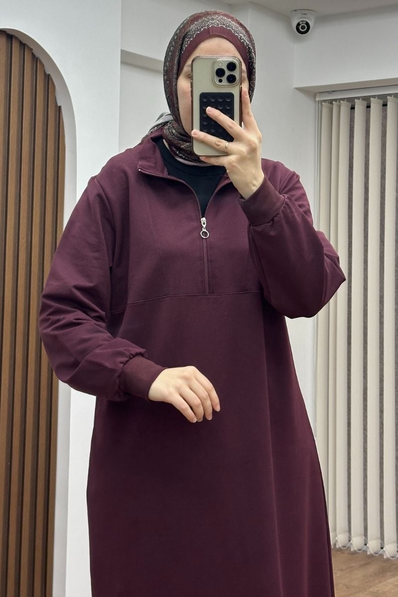Yarım fermuarlı 110 cm sweat tunik, vişne