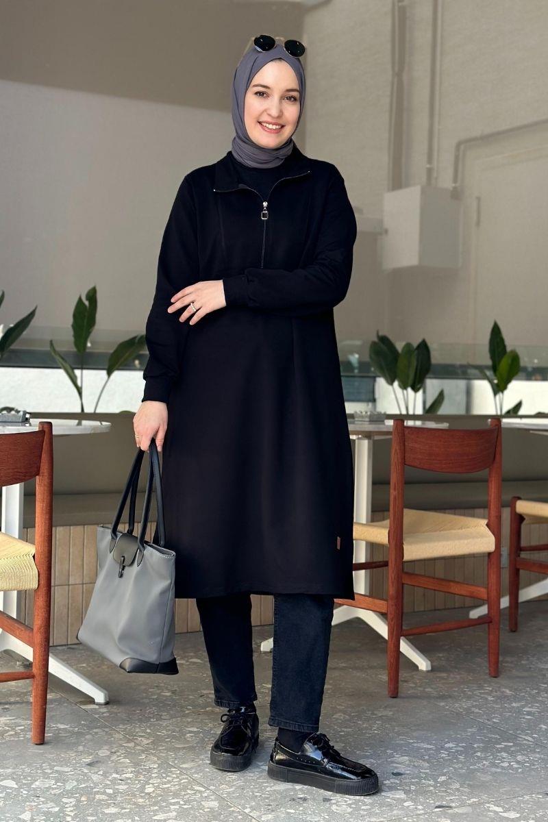 Yarım fermuarlı 110 cm sweat tunik, siyah