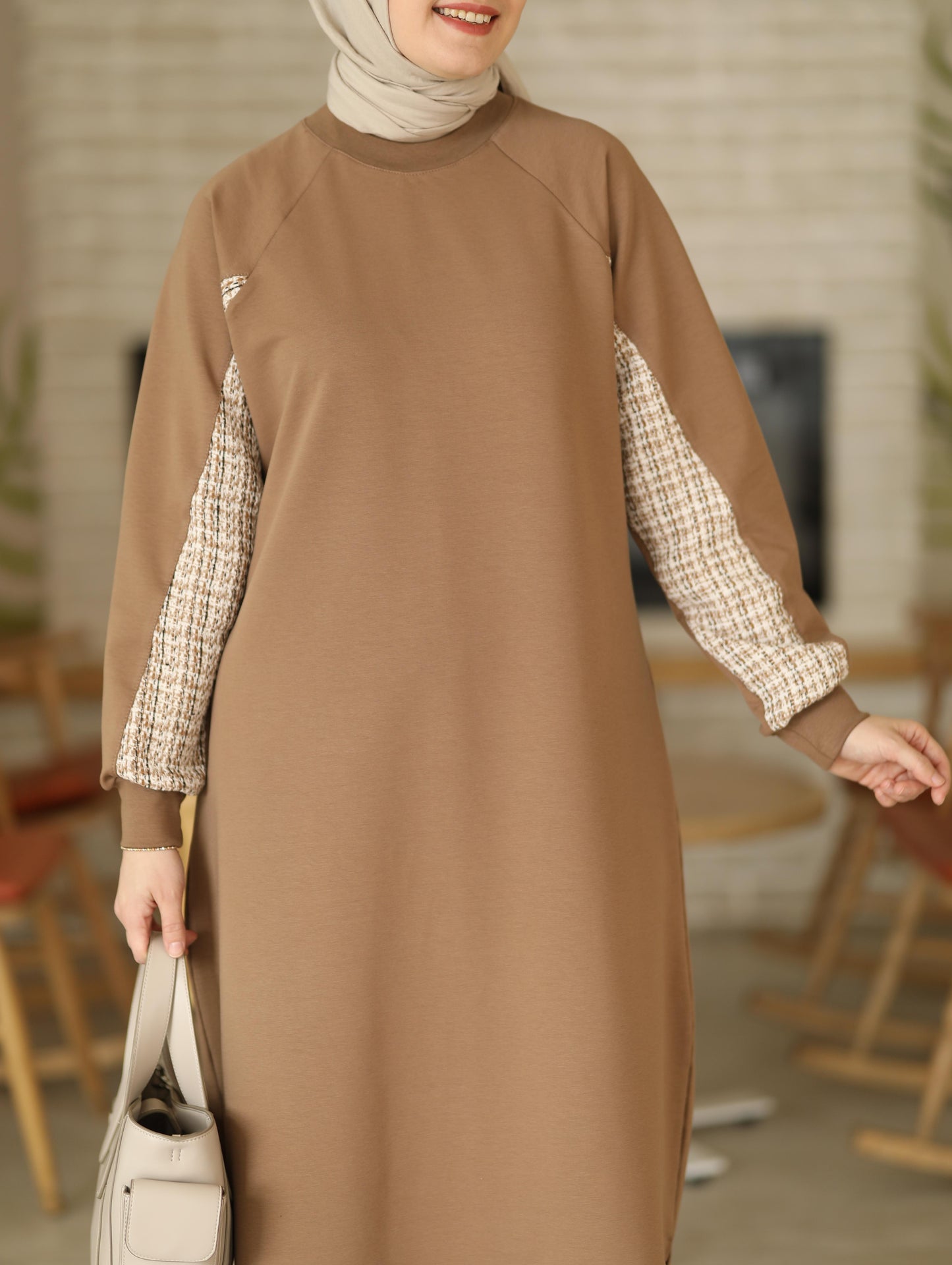 Tüvit garnili 120 cm sweat tunik, Camel