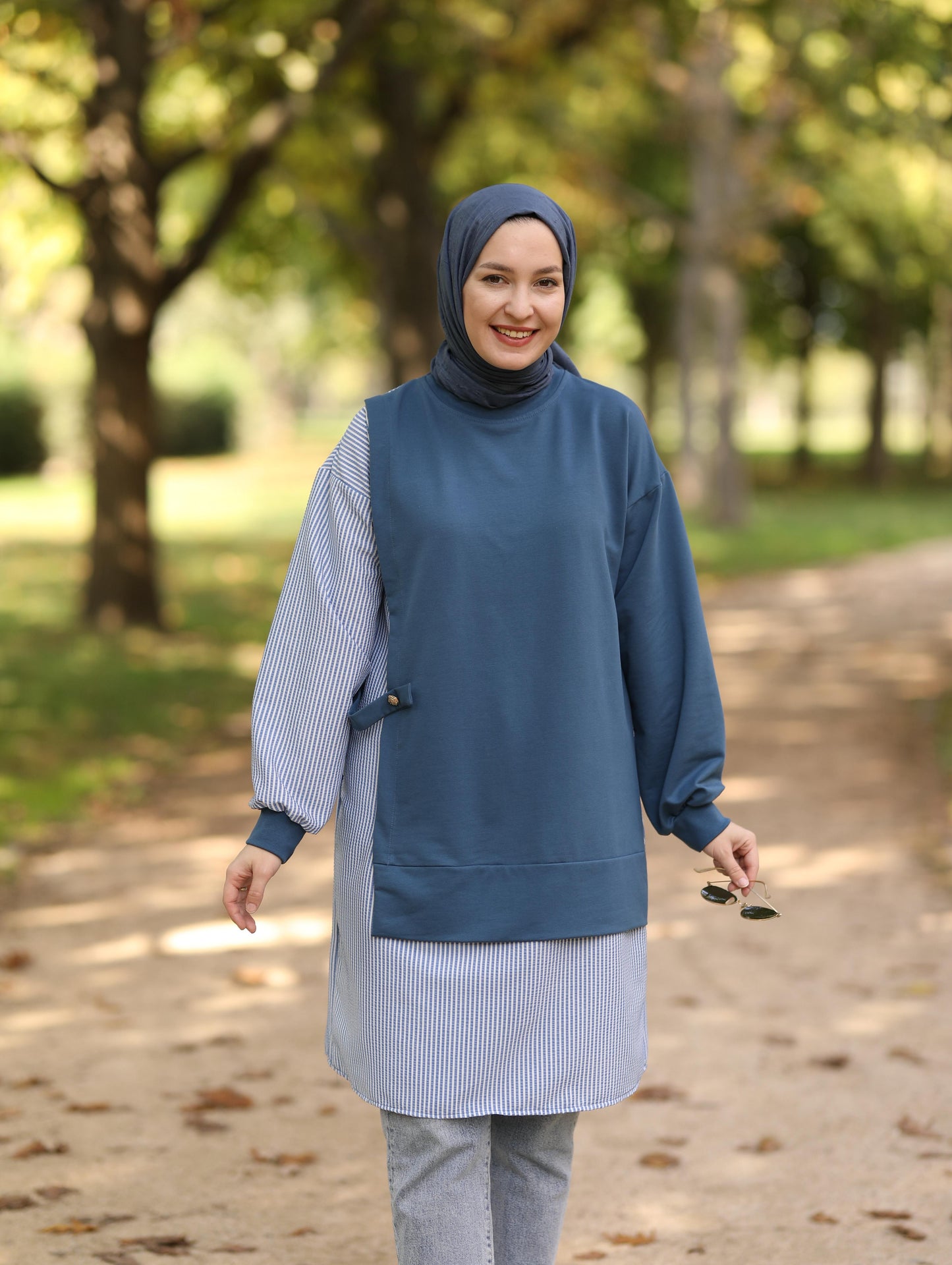 Gofre detaylı uzun sweat tunik, indigo
