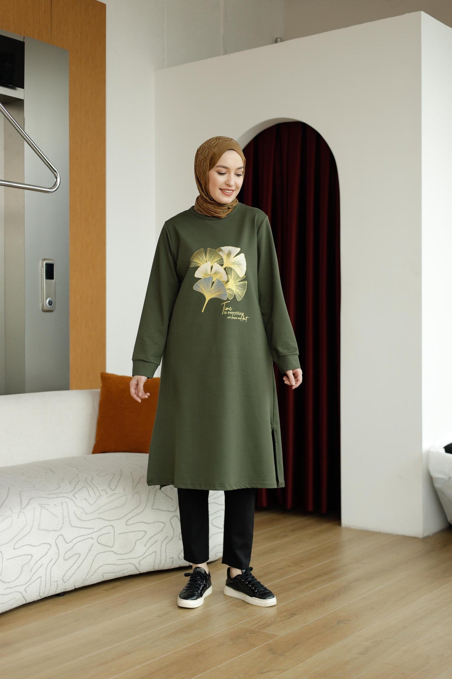 Yaprak baskılı 110 cm sweat tunik, haki