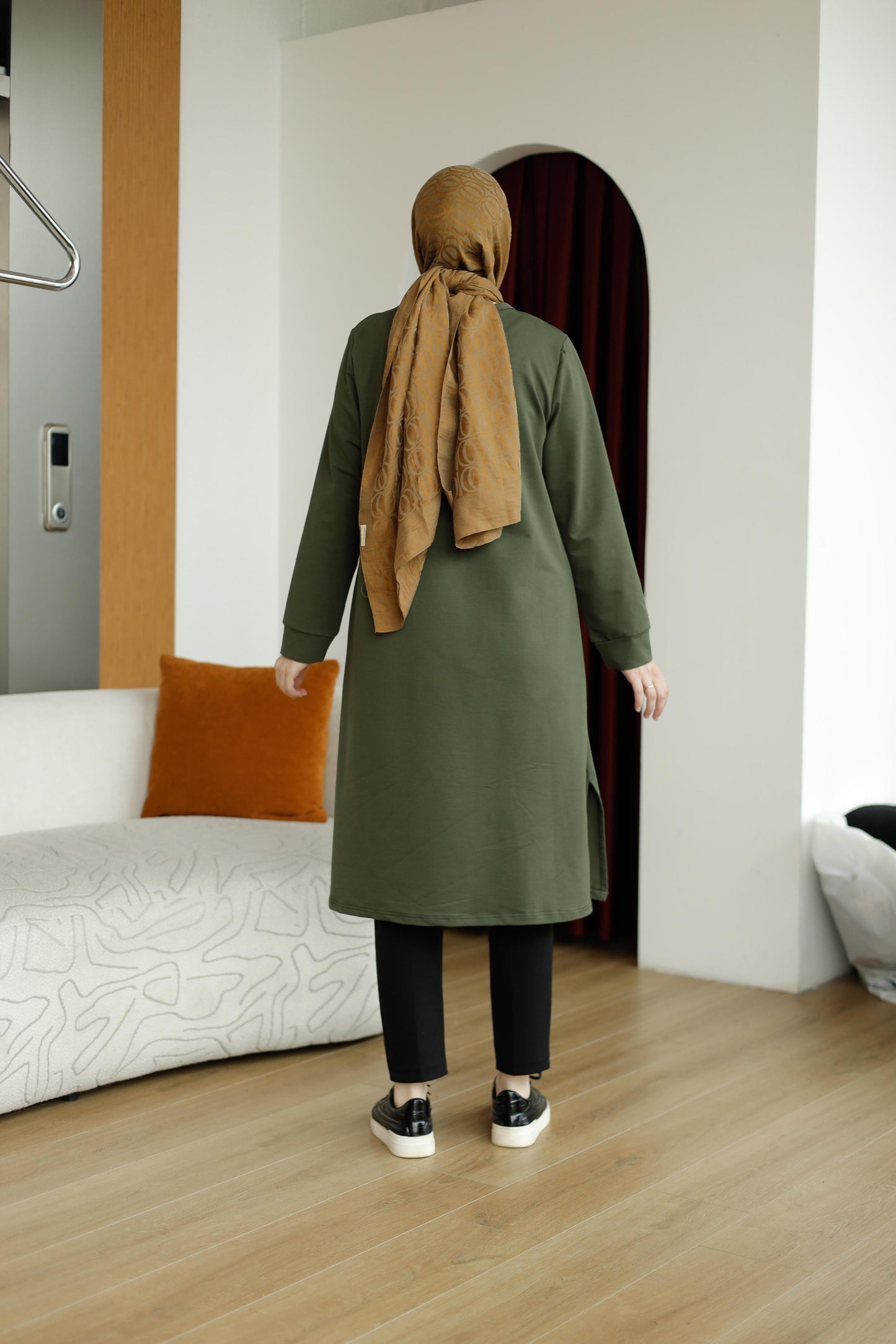 Yaprak baskılı 110 cm sweat tunik, haki