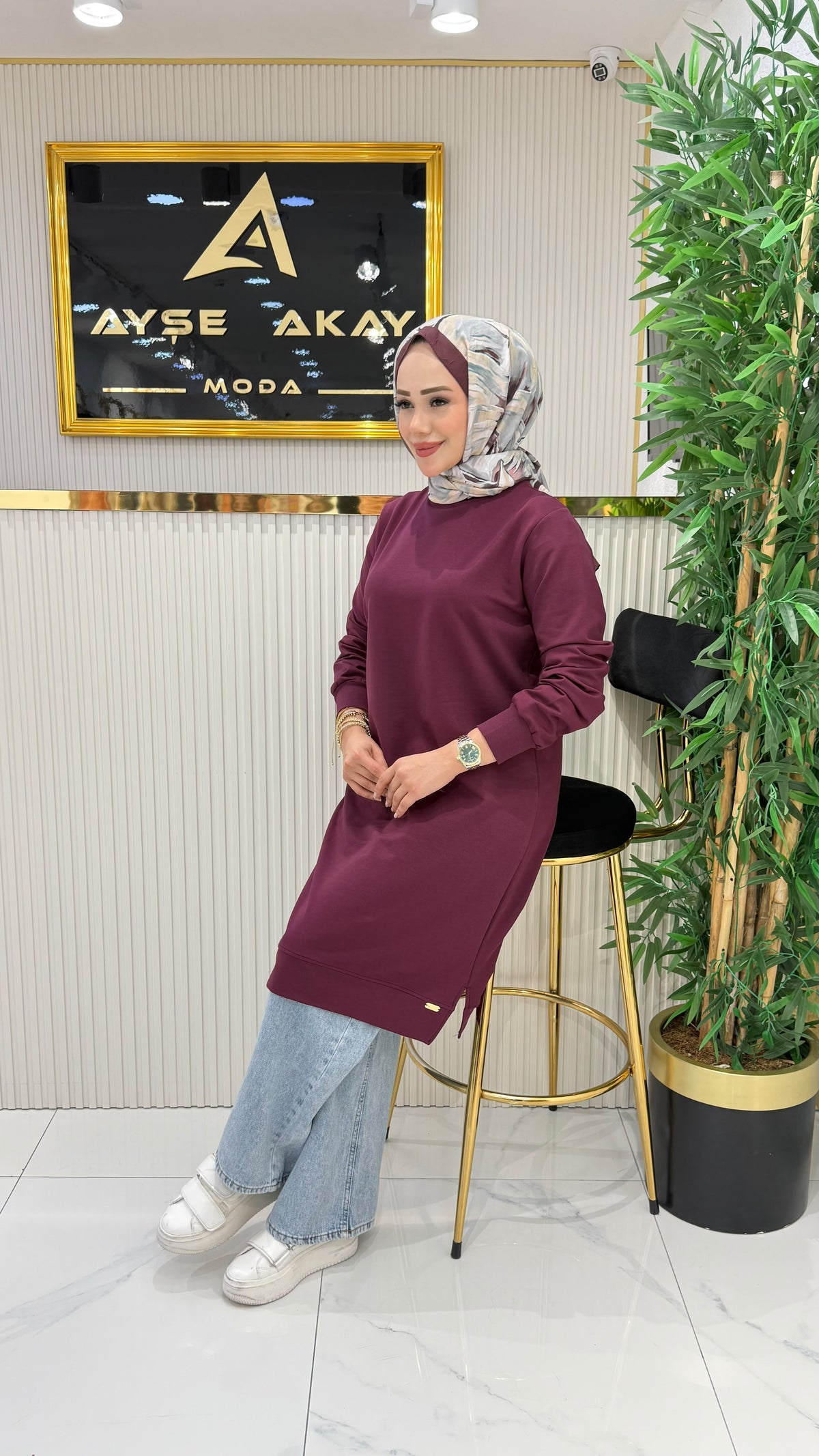 Ayşe Akay düz tunik, mürdüm
